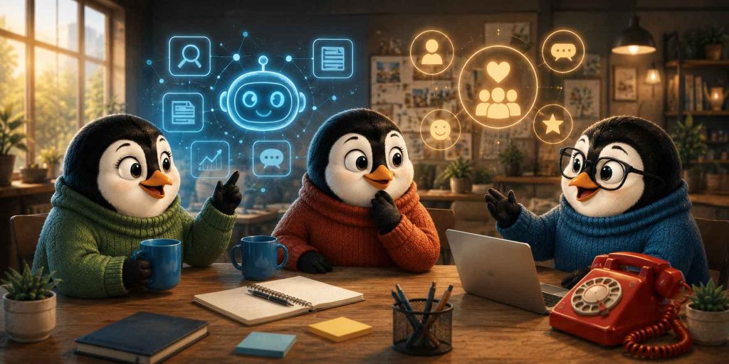 Penguins chatting with many AI elements floating around them.
