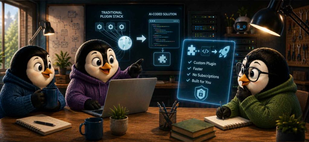 Penguin interacting with a futuristic computer, projecting its screen