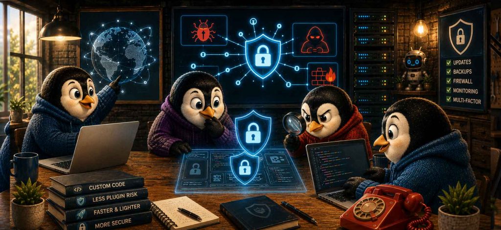 Penguins working on computers with security icons floating around them