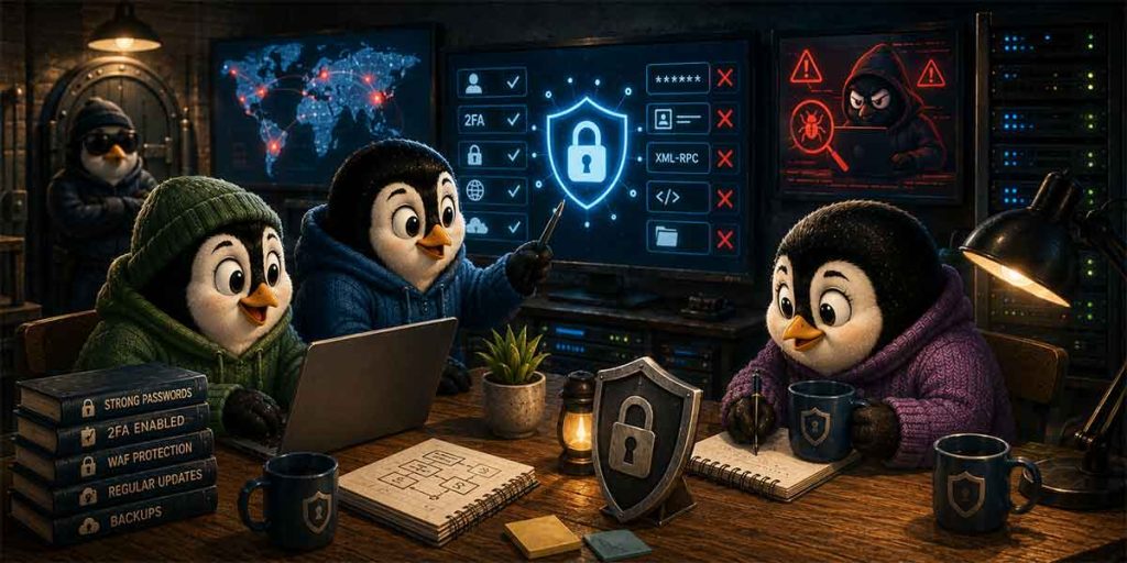 Penguins working at a computer with locks and security imagery, while suspicious penguins (hackers) lurk in the background