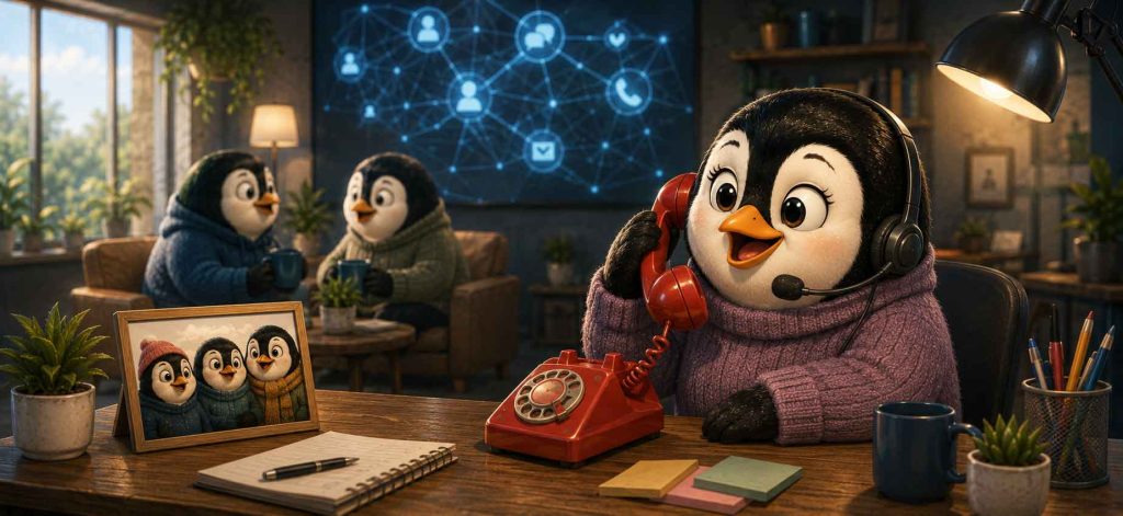 Penguin talking on the phone with many AI-inspired elements in the background