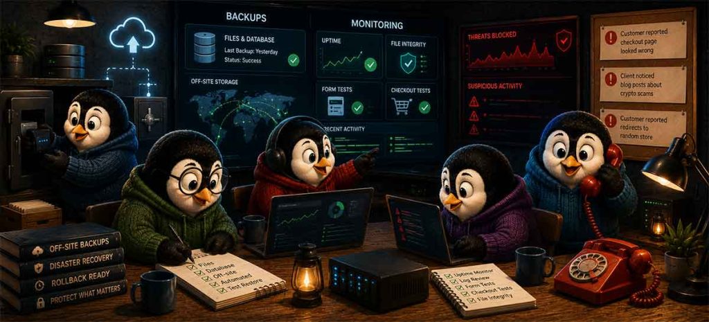 Penguins working in a tech setting while focusing on backups for security