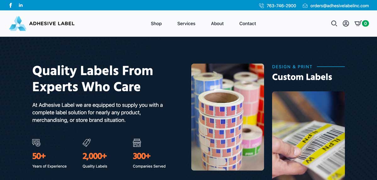 Adhesive Label homepage redesign showing 59% sales and 199% product growth year over year
